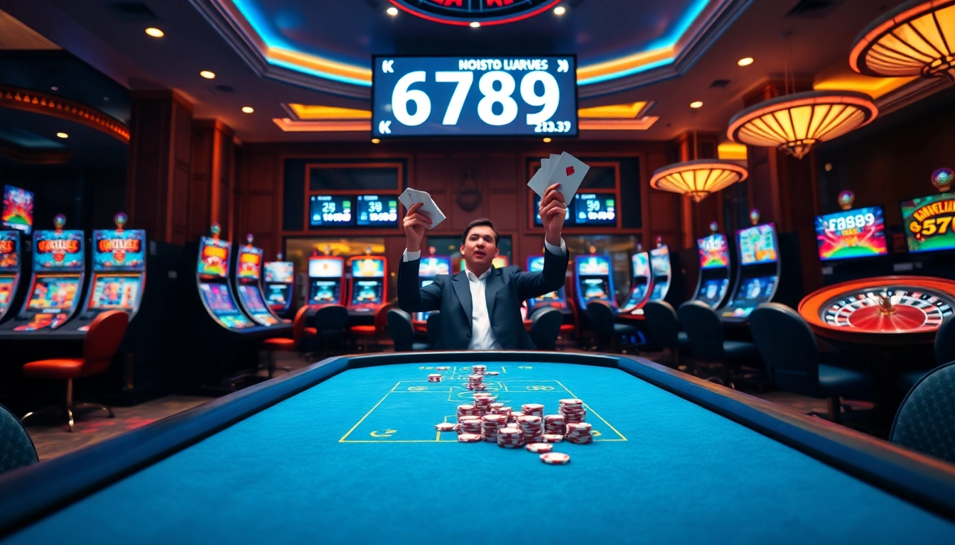 Gambler celebrating a win at 6789 casino table with colorful chips and vibrant games.