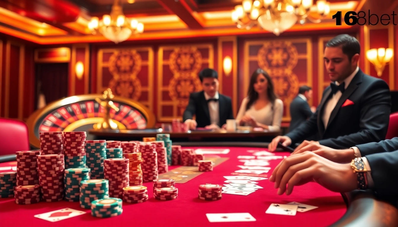 Enjoy an immersive gaming experience at 166bet with a lively poker table and roulette wheel.