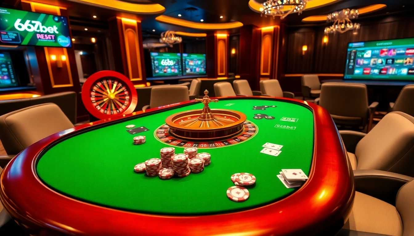 Experience thrilling gameplay at 667bet with exciting poker and roulette games in a luxurious casino setup.
