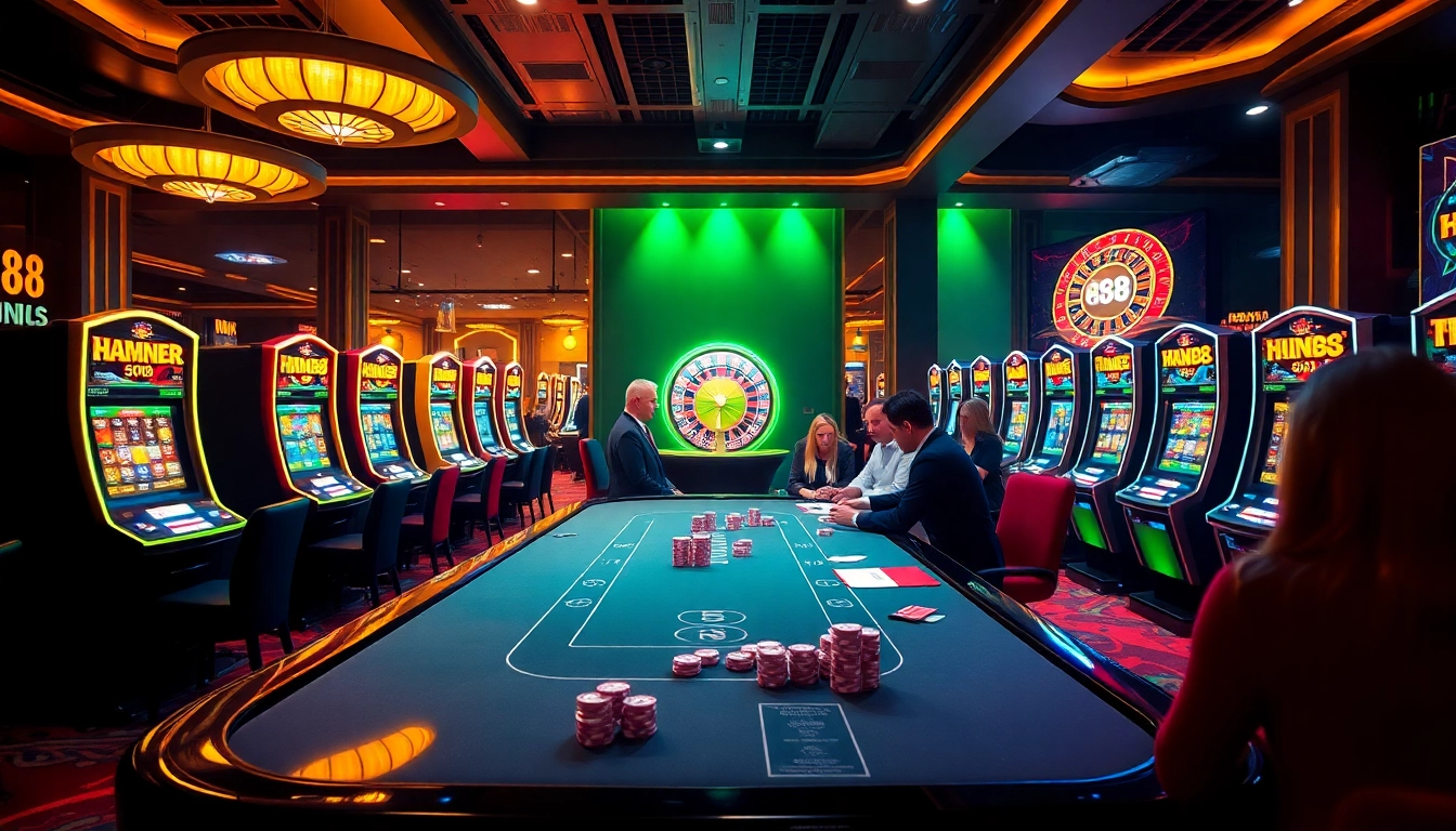 Players enjoying an exciting game at HM88 Casino with vibrant slot machines.