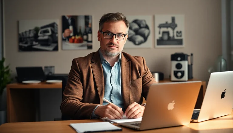 Headhunter Gastronomie arbeitet professionell im Büro, umgeben von Notizen und Gastronomie-Motiven.