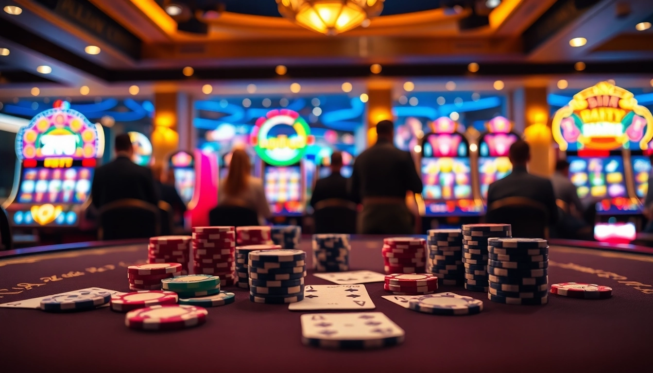 Engage with the thrill of gambling at https://rr88.shopping/ featuring poker chips and a vibrant casino setup.