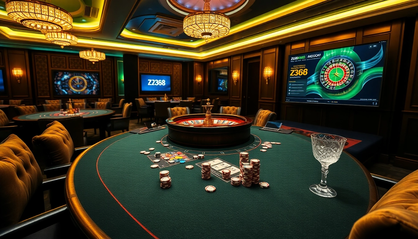 ZB368 players enjoying a thrilling poker game in a luxurious casino setting with vibrant chips.