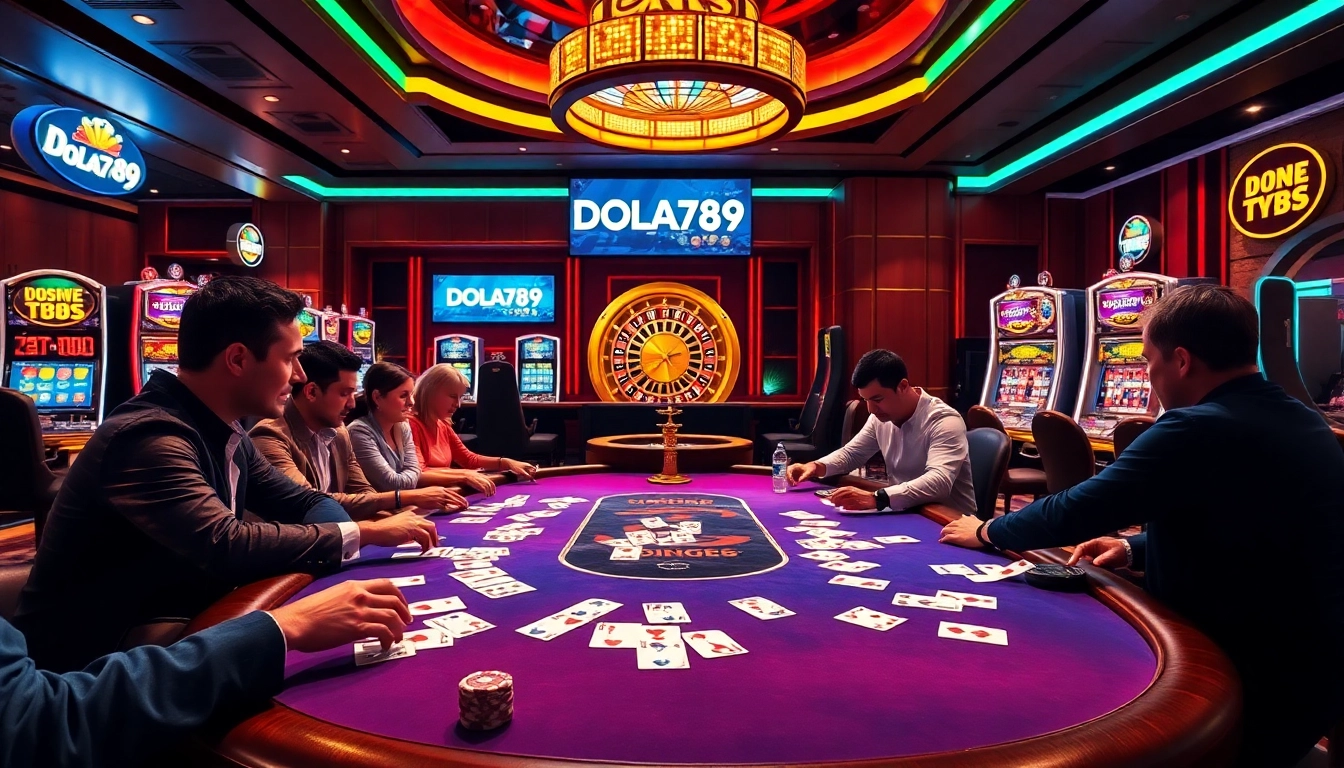 DOLA789 showcases a thrilling casino scene with poker players and vibrant games.