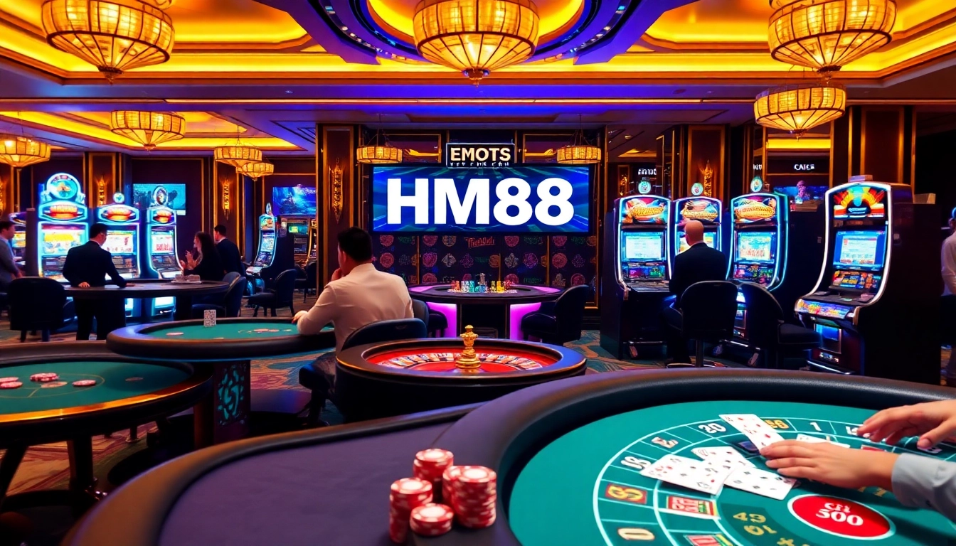 Exciting casino atmosphere at HM88 with players engaging in poker and slot games.