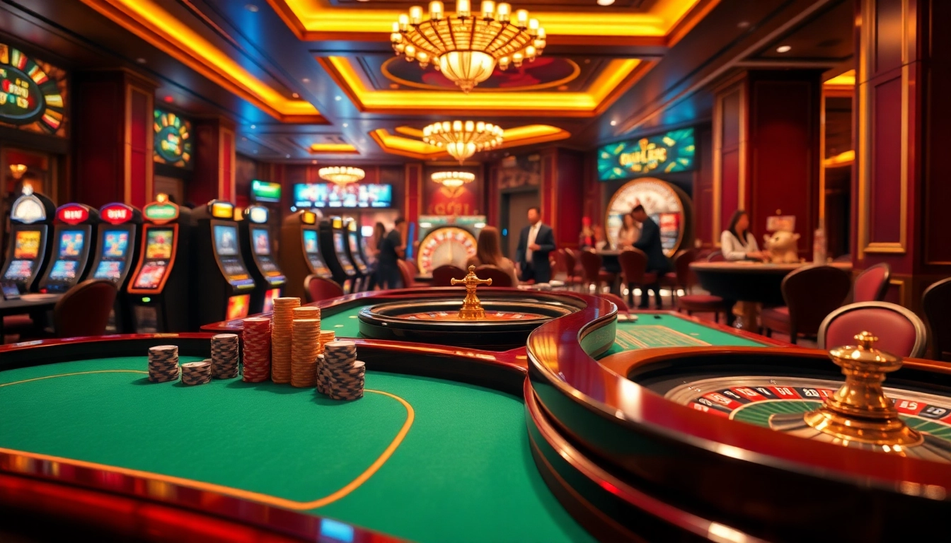 Bin88 players enjoying a vibrant casino atmosphere with engaging slot machines and poker action.