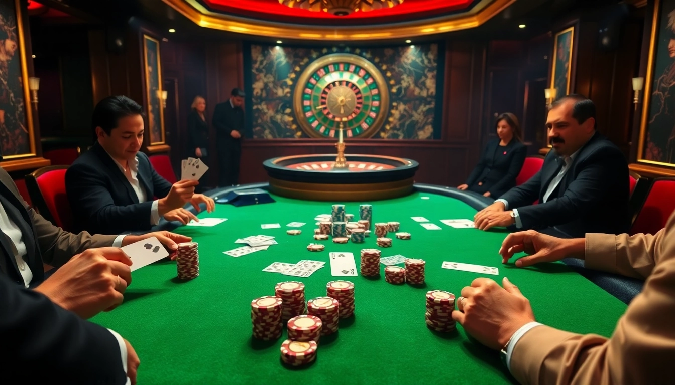 Players enjoying a thrilling poker game at 88i casino with glistening chips and cards.