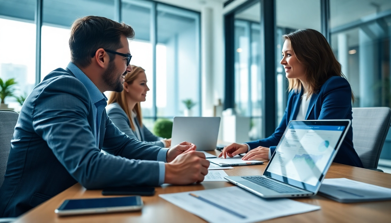 Headhunter IT consults with a client in a modern office about tech candidates.