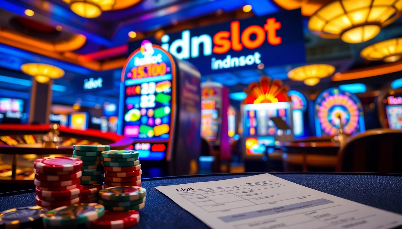 Experience thrilling gameplay at idnslot with vibrant slot machines and poker chips.
