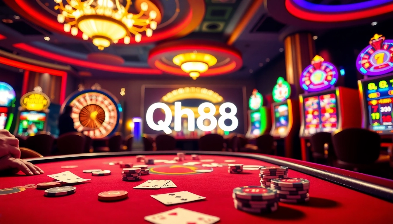 Experience the excitement of qh88 casino with players engaging at poker and roulette tables.
