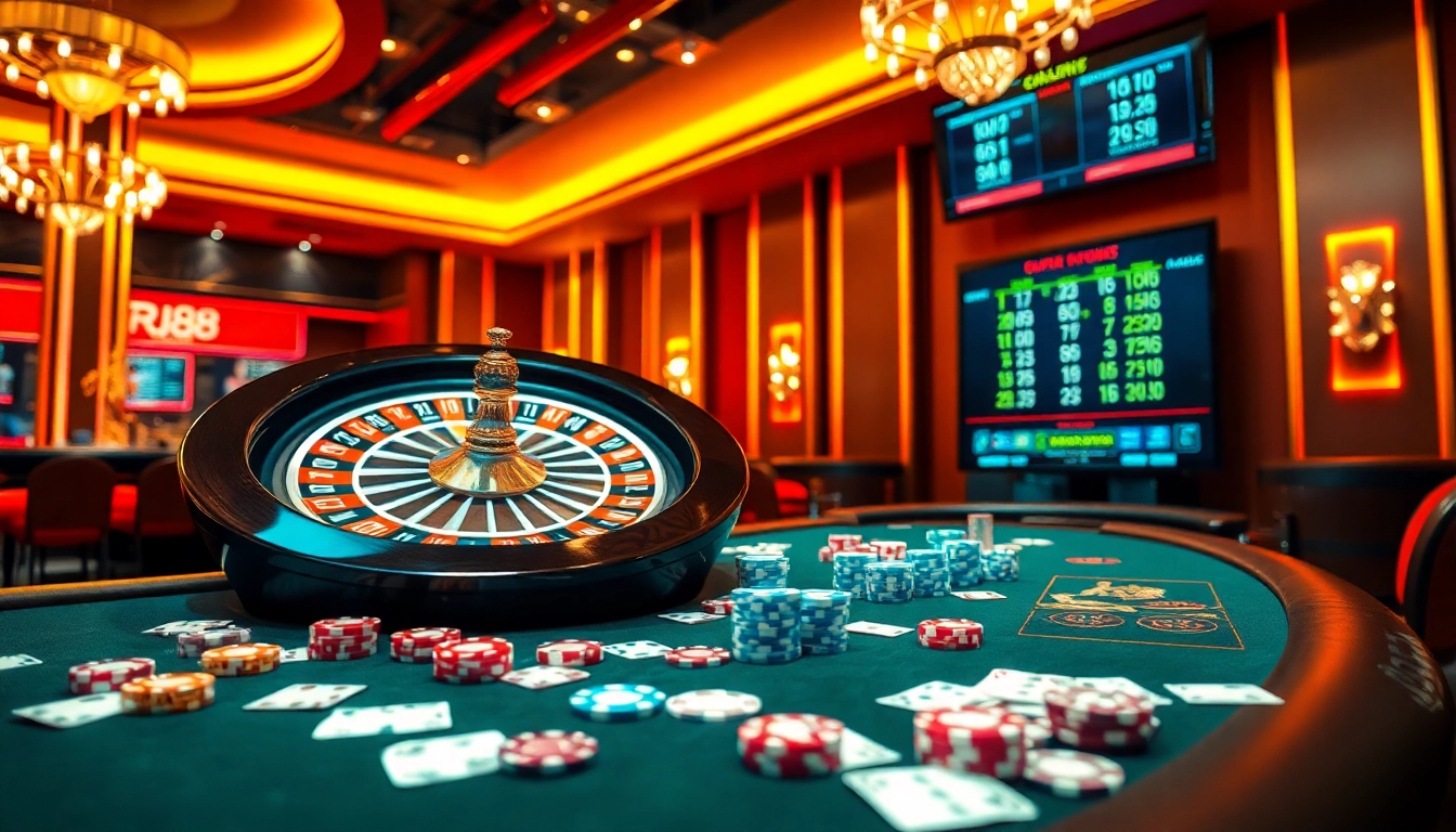 Experience the thrill of RR88's casino games with vibrant chips and an exciting roulette table.