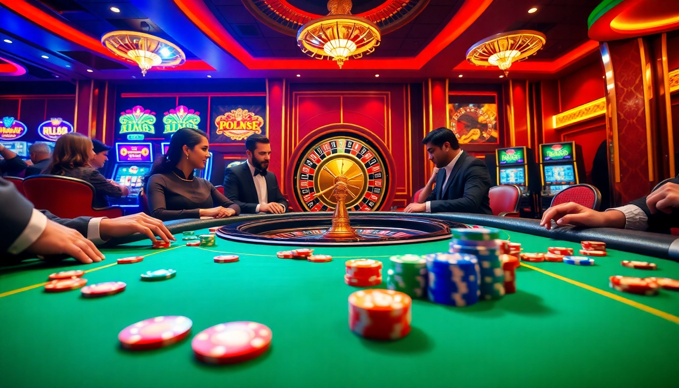 Players enjoying high-stakes poker at RR88 casino, surrounded by vibrant gaming atmosphere.