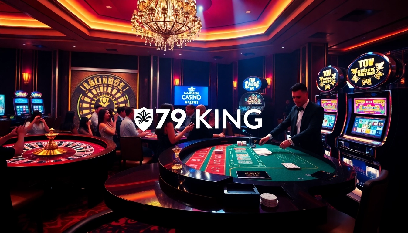 Experience the excitement of 79KING with a vibrant casino scene showcasing roulette and poker tables