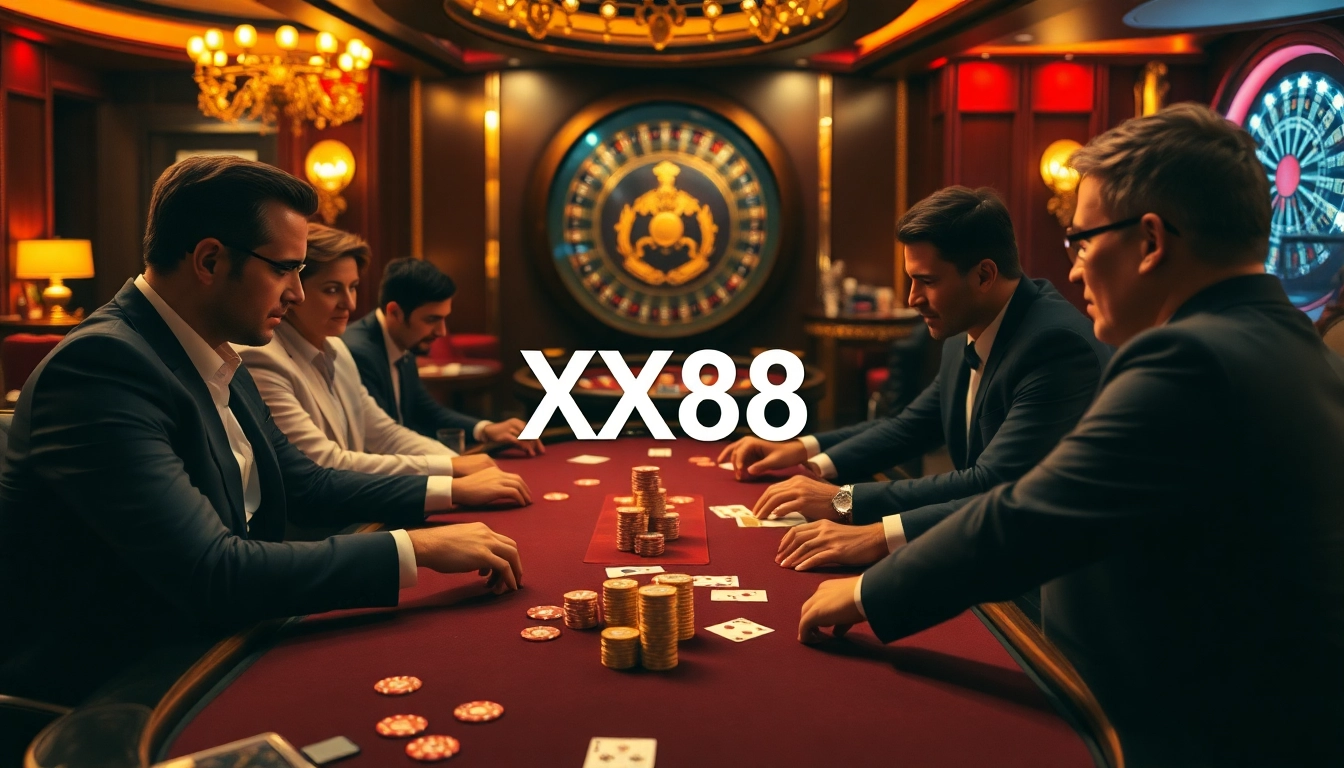Experience thrilling poker action at XX88 casino with luxurious gaming tables and vibrant atmosphere.