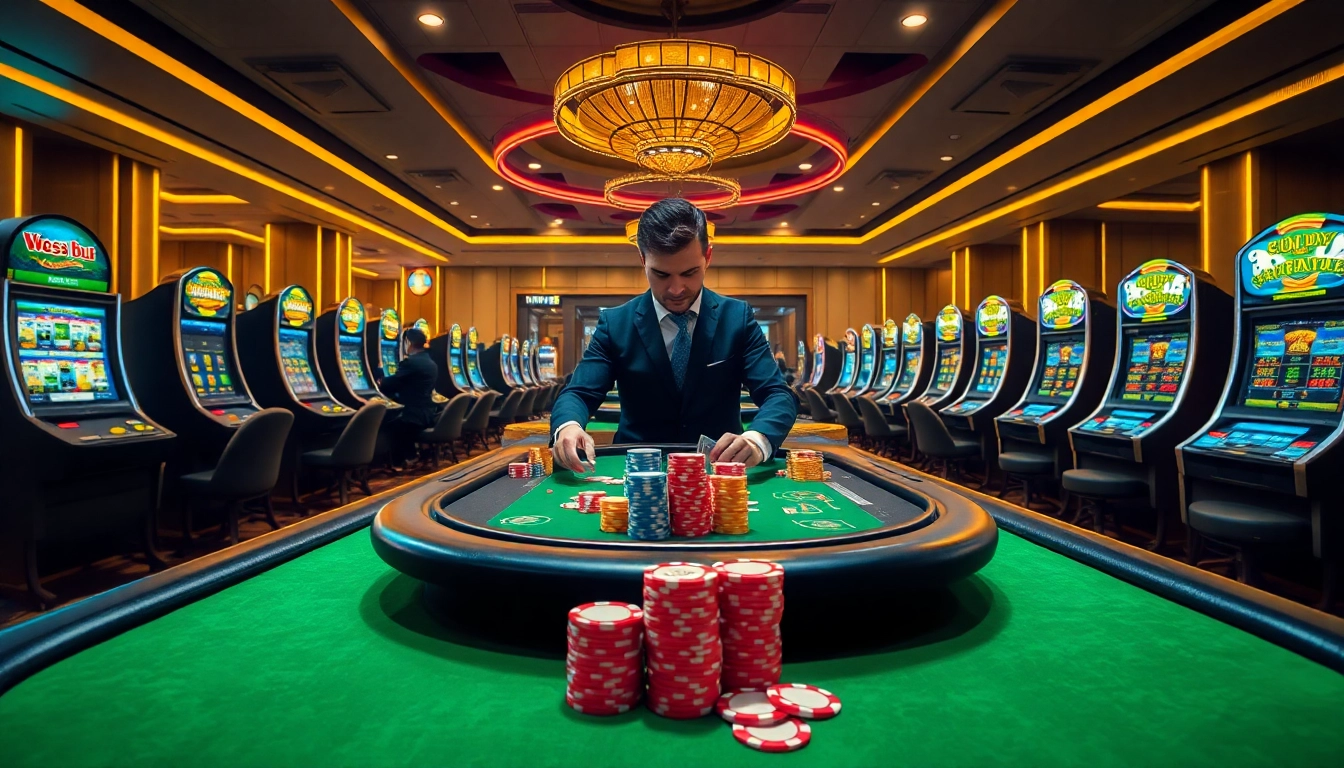Exciting casino scene featuring mv88-themed poker gameplay and vibrant slot machines.