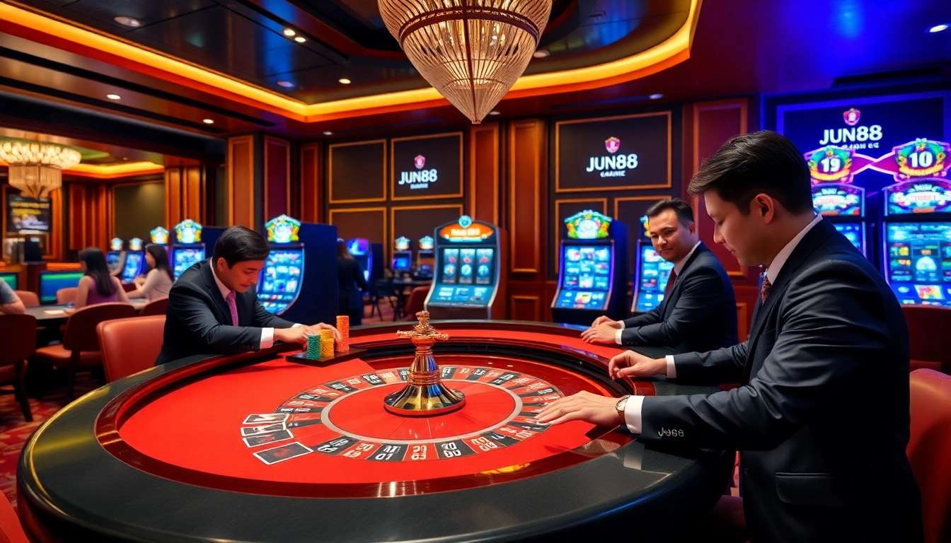 Experience the excitement of gambling at Jun88 with vibrant casino visuals of roulette and high-stakes action.