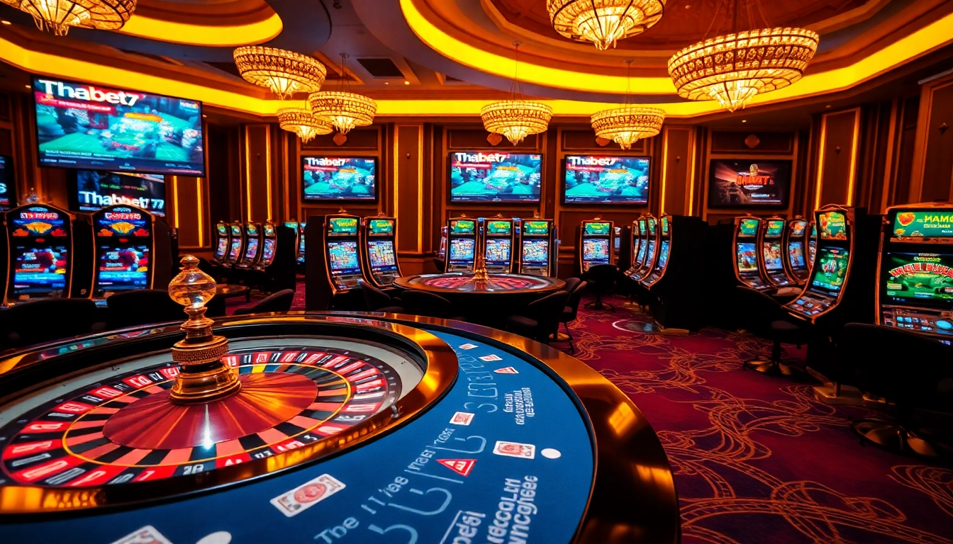 Players enjoying online gambling excitement at Thabet77 casino with vibrant tables and roulette wheel.