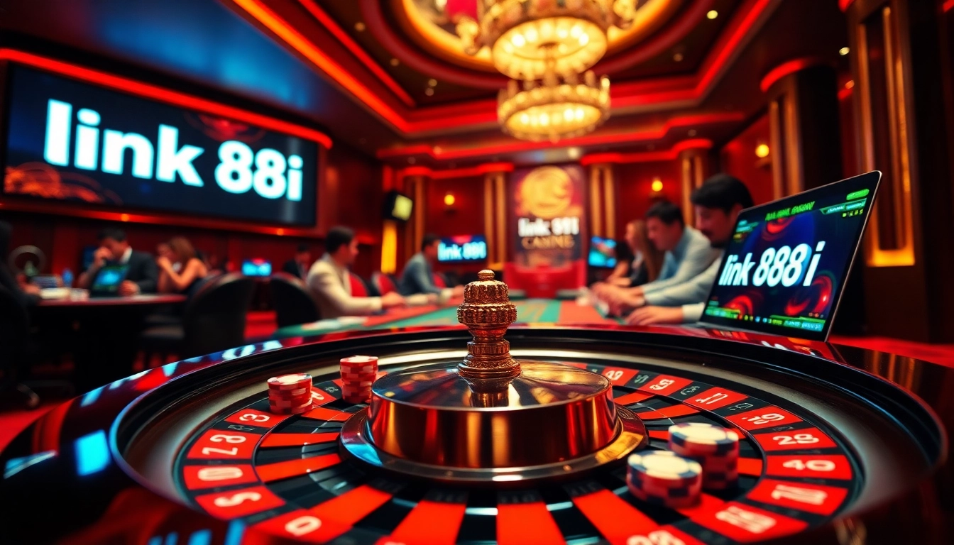 Exciting casino scene featuring players engaging with link 88i at a roulette table and illuminated poker chips.