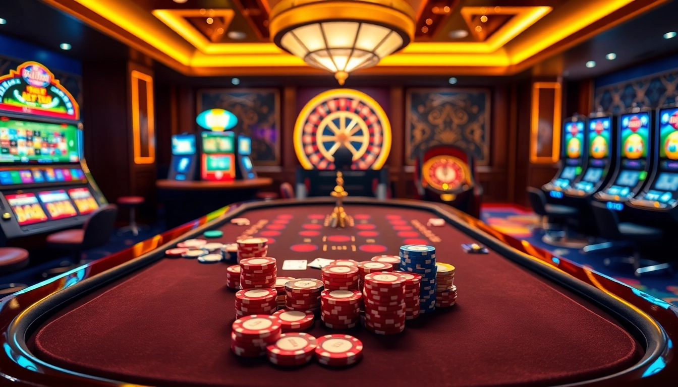 Players enjoying exciting games at ST666 casino table with vibrant poker chips and cards.