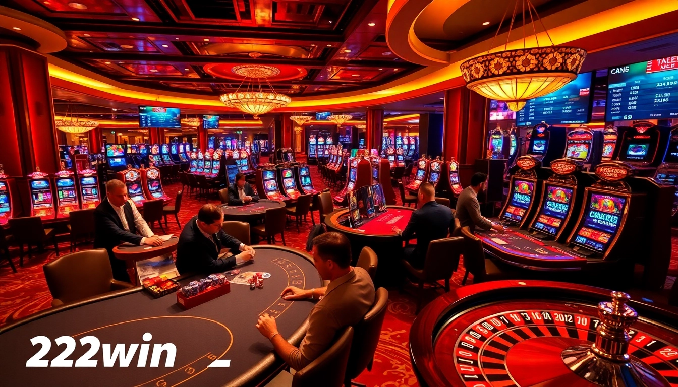 Gambling at a vibrant 23win casino with poker tables and lively slot machines.