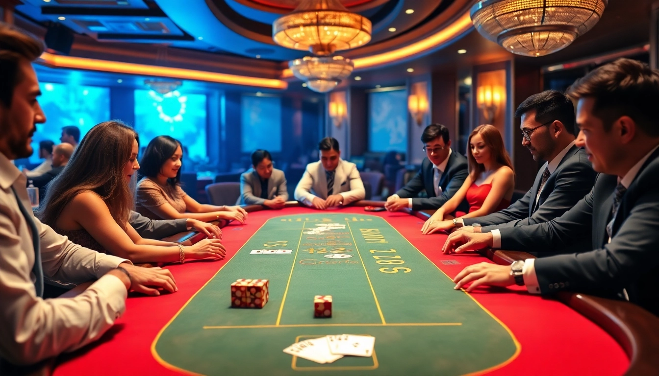 Excited players reveling at a baccarat table featuring 'B52' high-stakes chips in a luxurious casino.