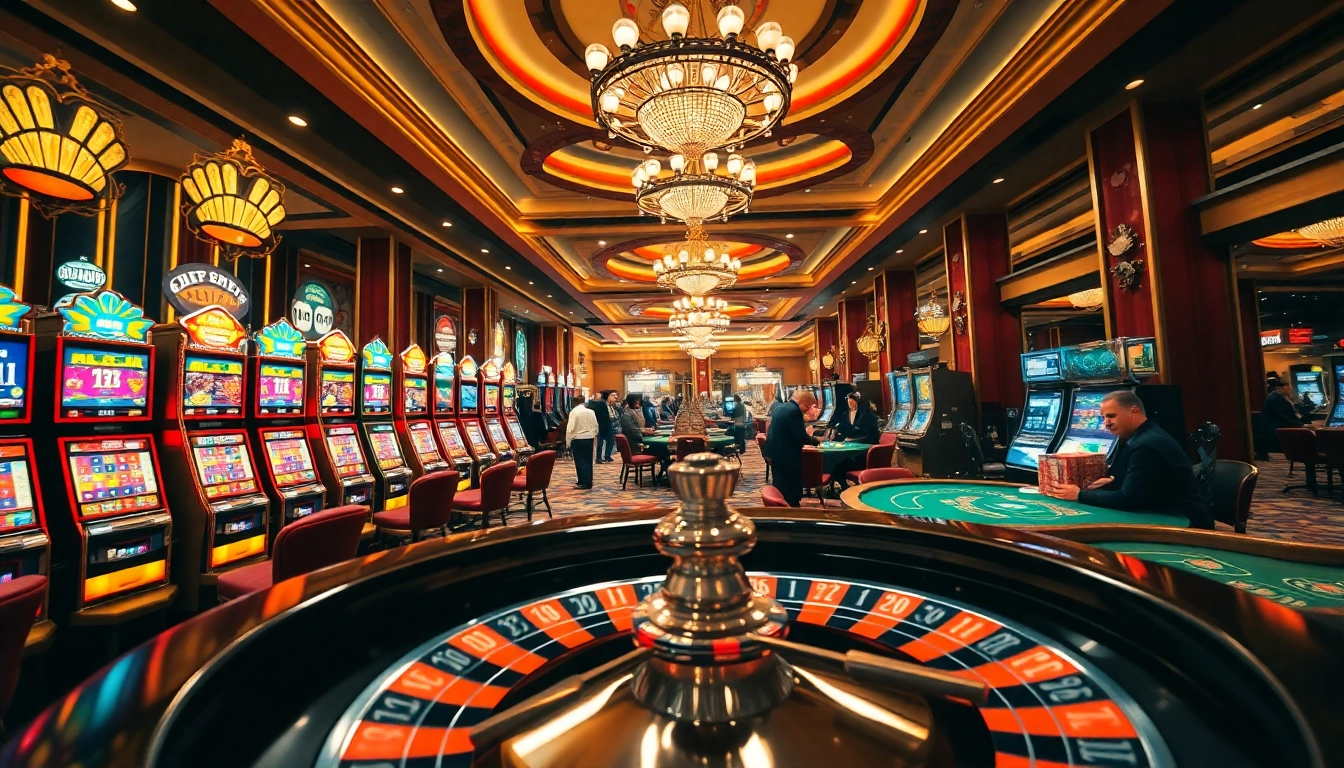 Players thrillingly engage with NOHU90 casino games at vibrant slot machines.