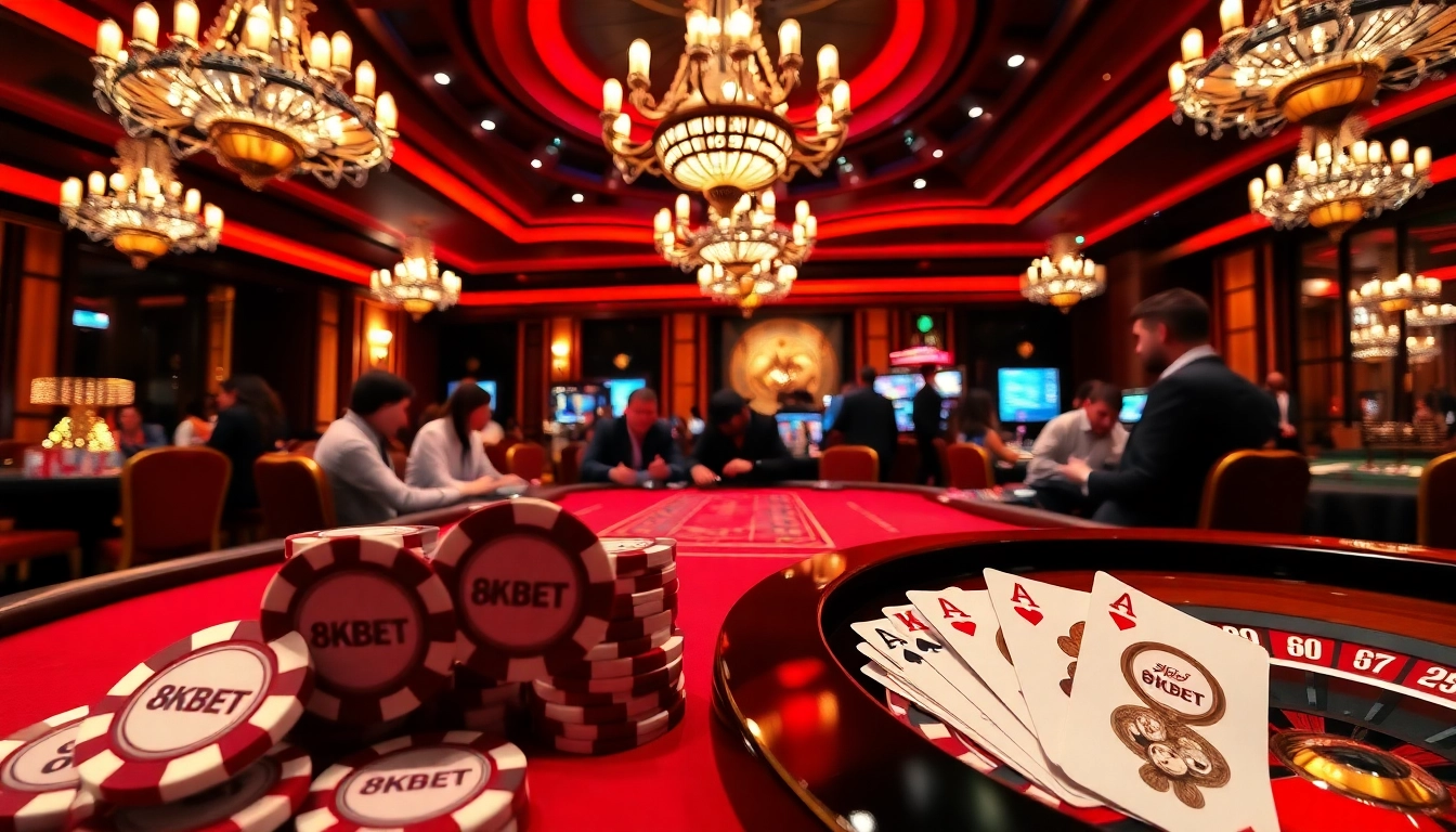 Players engaging in a high-stakes game at an elegant 8KBET poker table surrounded by excitement.