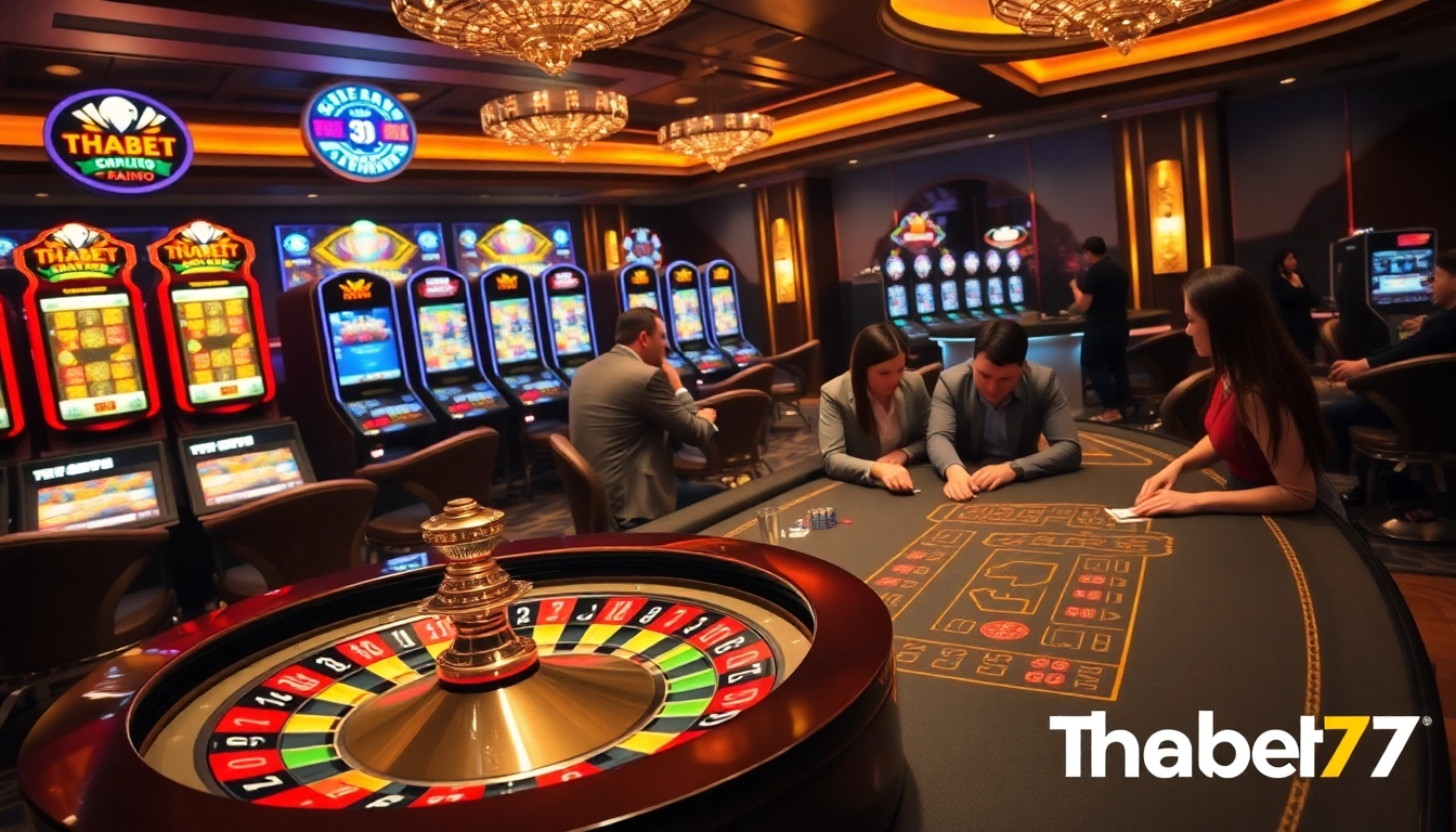 Players enjoying thrilling games at Thabet77 casino, showcasing poker and roulette excitement.