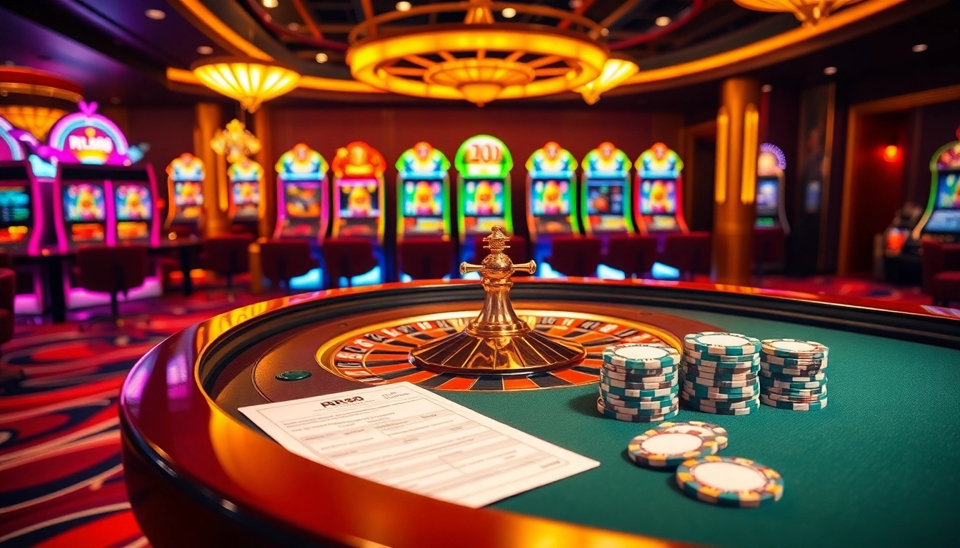 Experience the thrill of RR88 at a luxurious casino with roulette and vibrant slot machines.