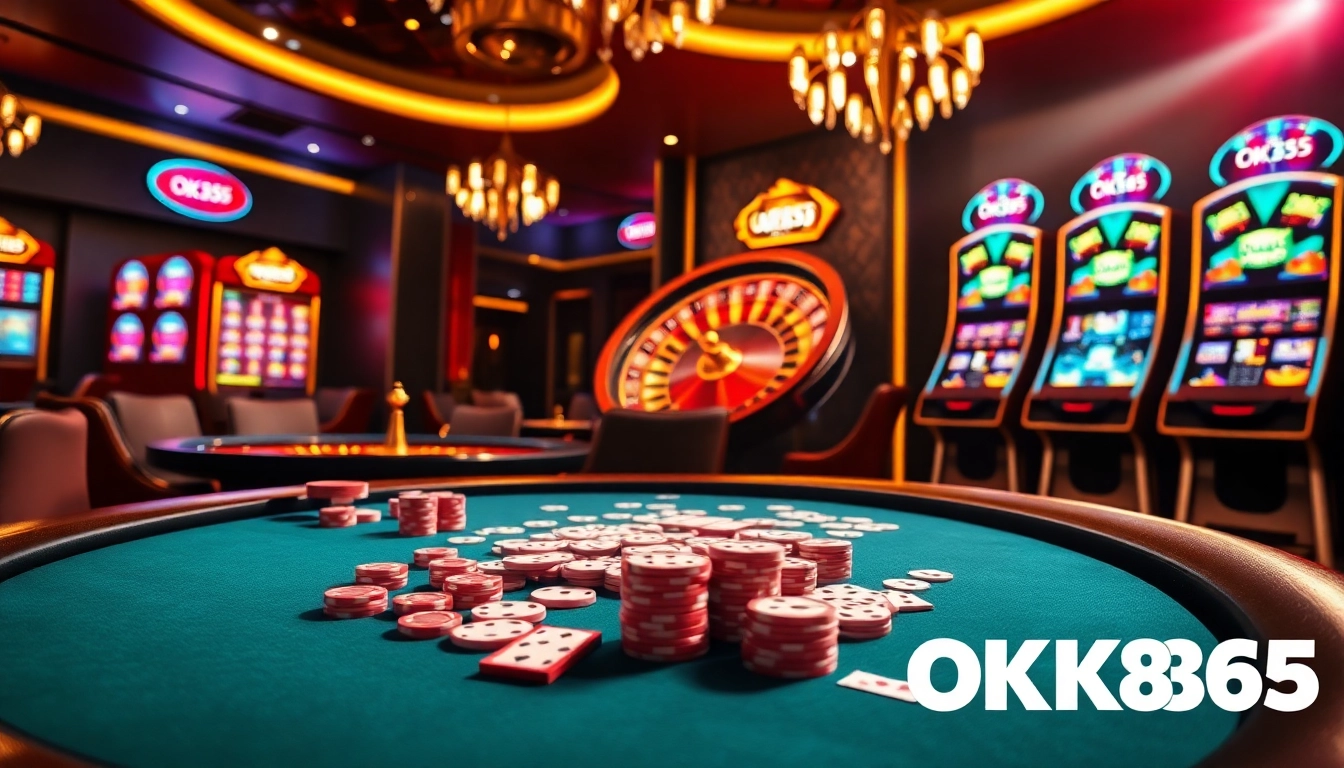 Players enjoying a thrilling experience at OK365 casino with poker chips and roulette wheel.