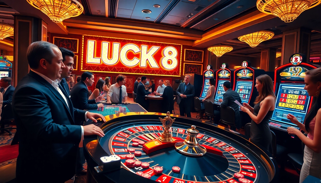 Những người chơi cá cược phấn khích tại casino LUCK8 với bàn roulette và máy đánh bạc dưới ánh đèn sang trọng.