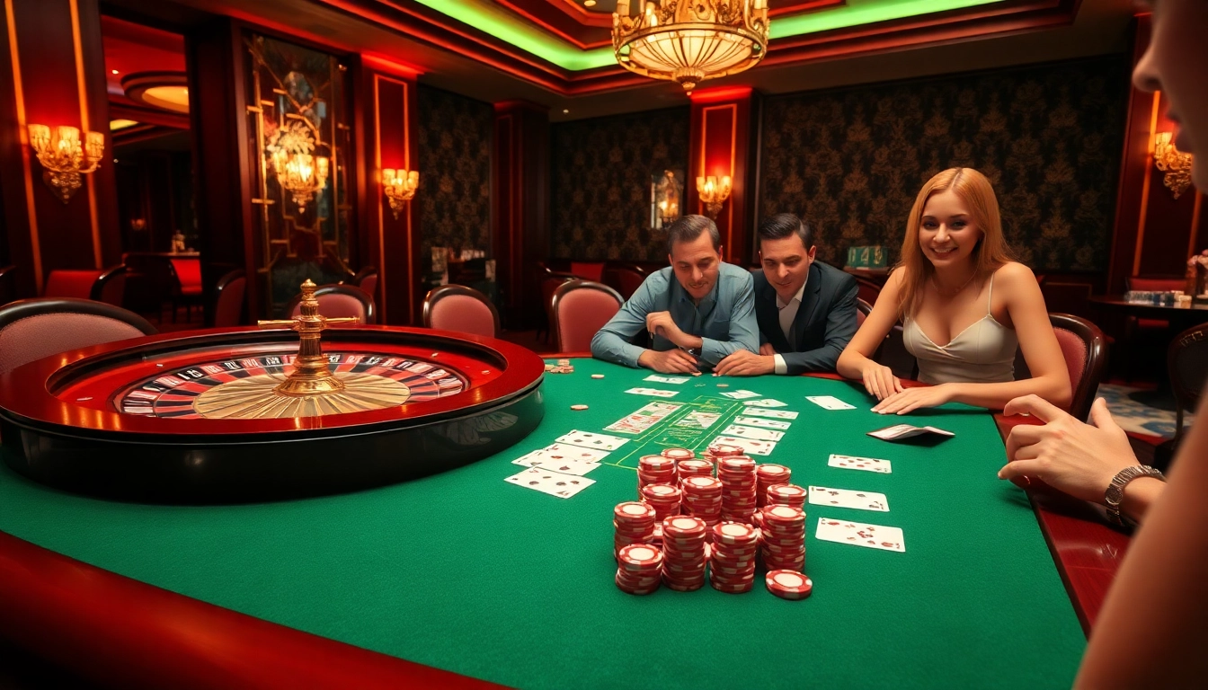 Players passionately engaging in thrilling XOCDIA88 game at an upscale casino table with vibrant decor.
