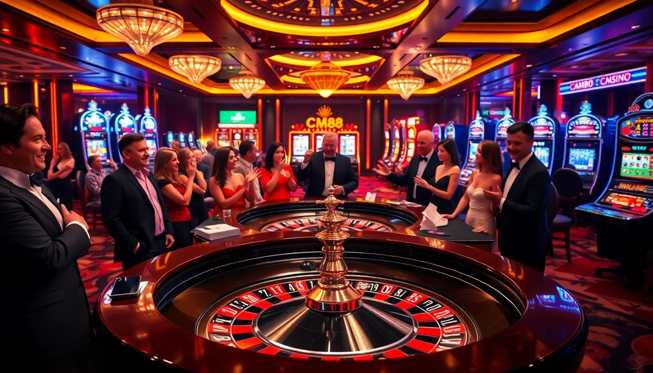 Experience thrilling gambling action at CM88 with roulette, poker chips, and cheering players.