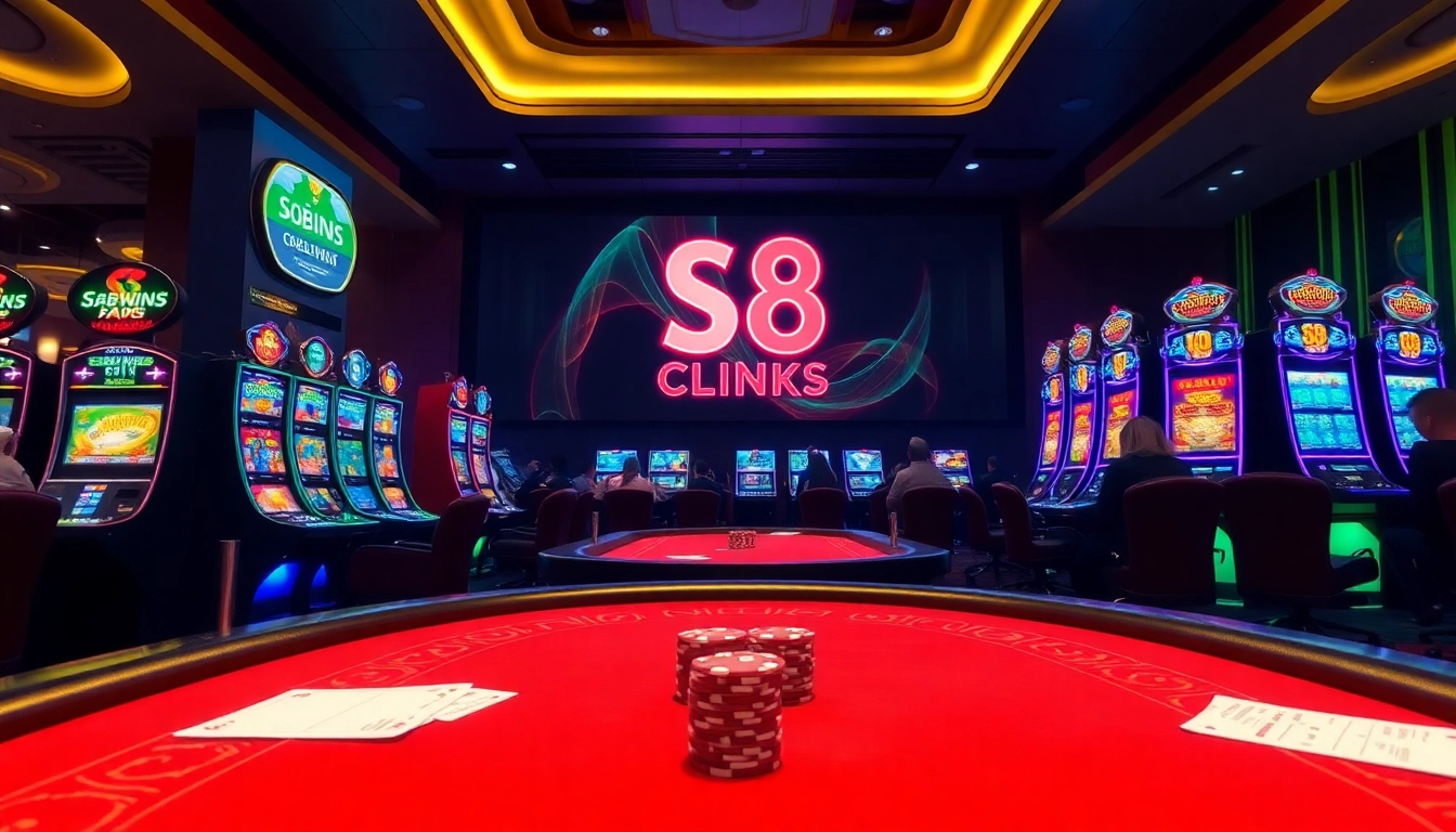 Exciting gambling scene featuring vibrant slot machines and poker tables at S8 link casino.