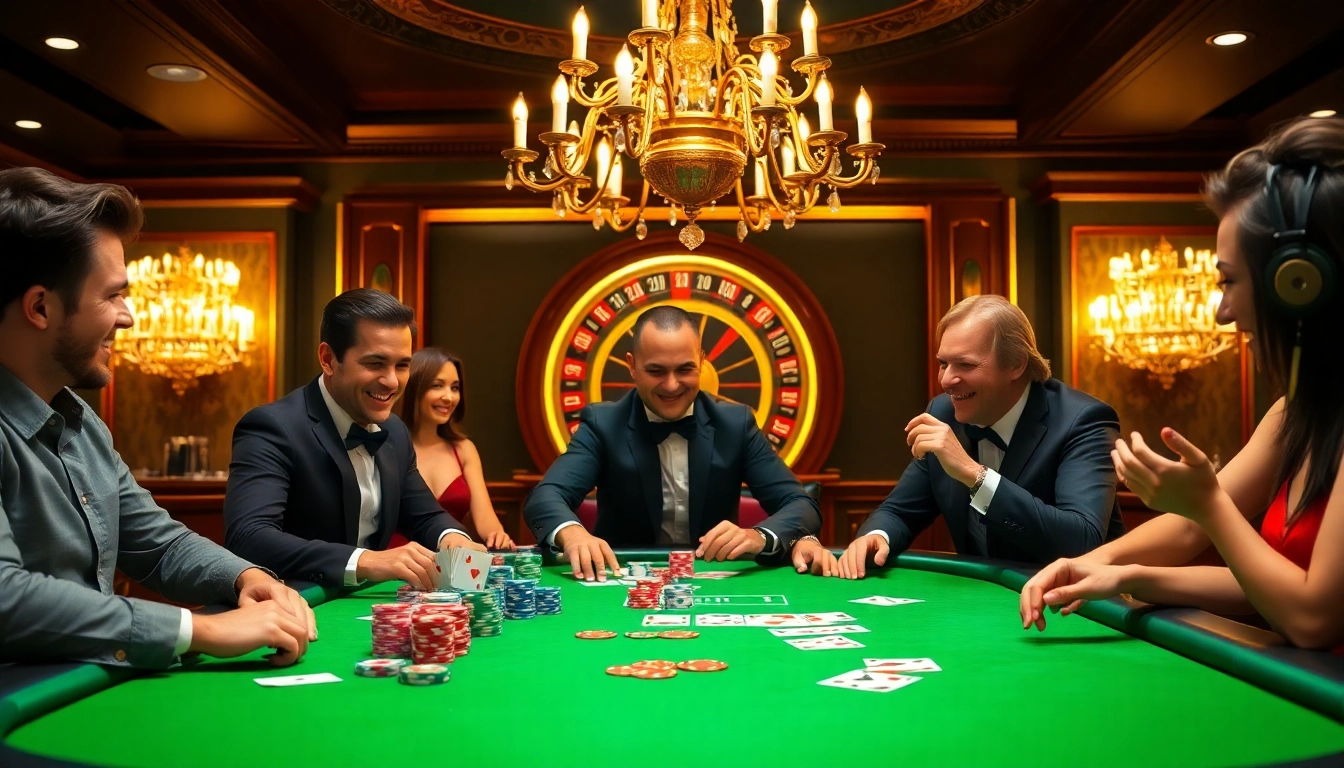 Experience game 98win with dynamic players at a luxurious casino table, enjoying poker.