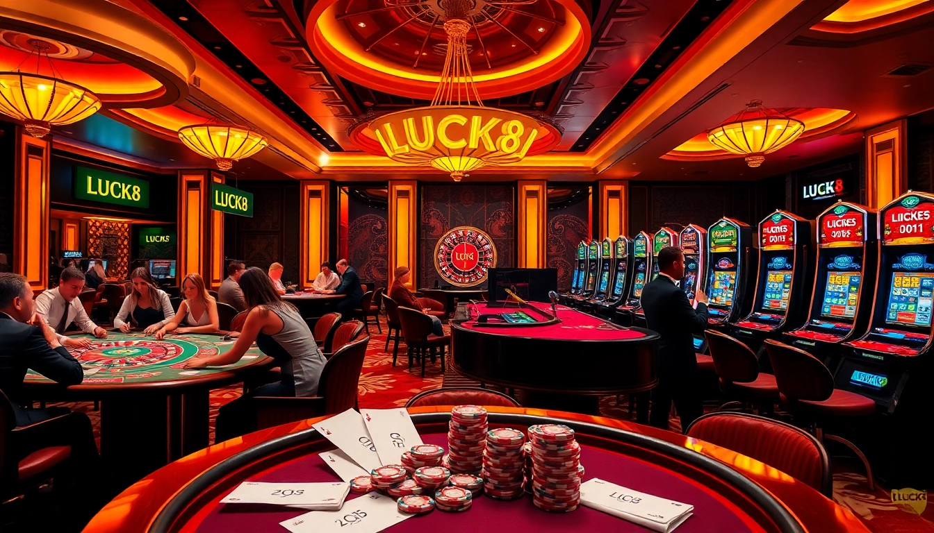 Cảnh casino LUCK8 cho thấy người chơi tại bàn cược sang trọng và máy đánh bạc sống động, nhấn mạnh sự hứng khởi và tính chuyên nghiệp.