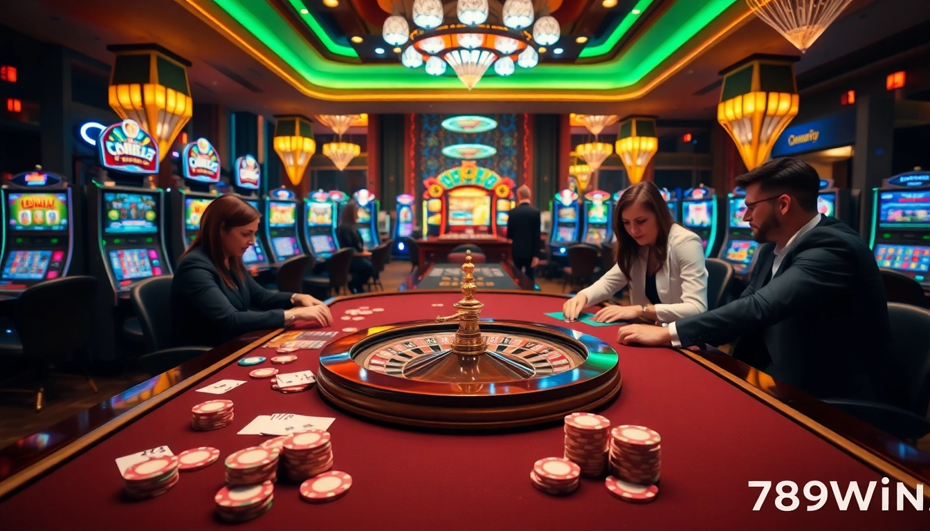 Experience the excitement of 789win at a luxurious casino scene featuring poker chips and a roulette wheel.