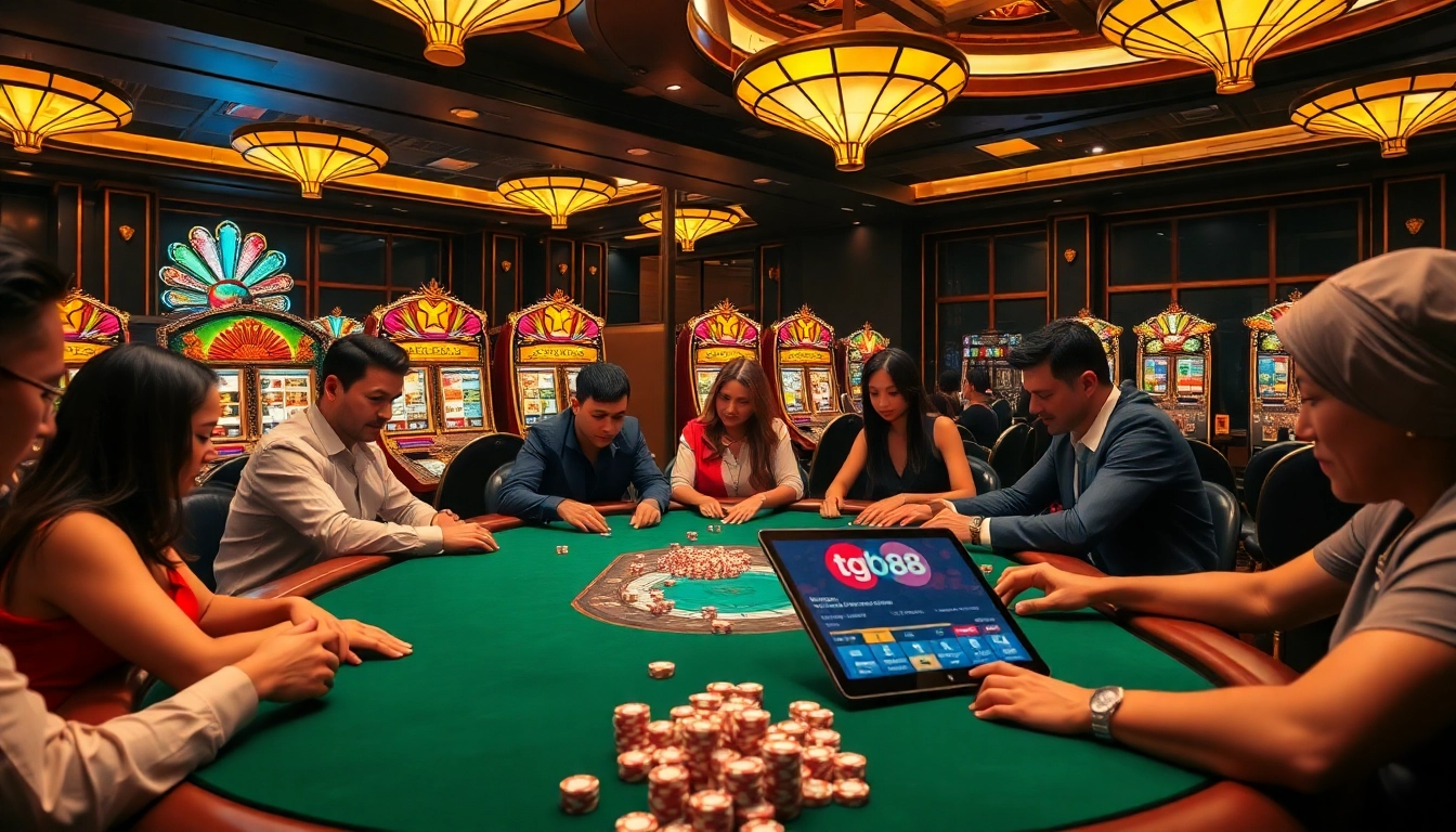 Players enjoying a high-stakes poker game at tg88 casino with vibrant slot machines in the background.