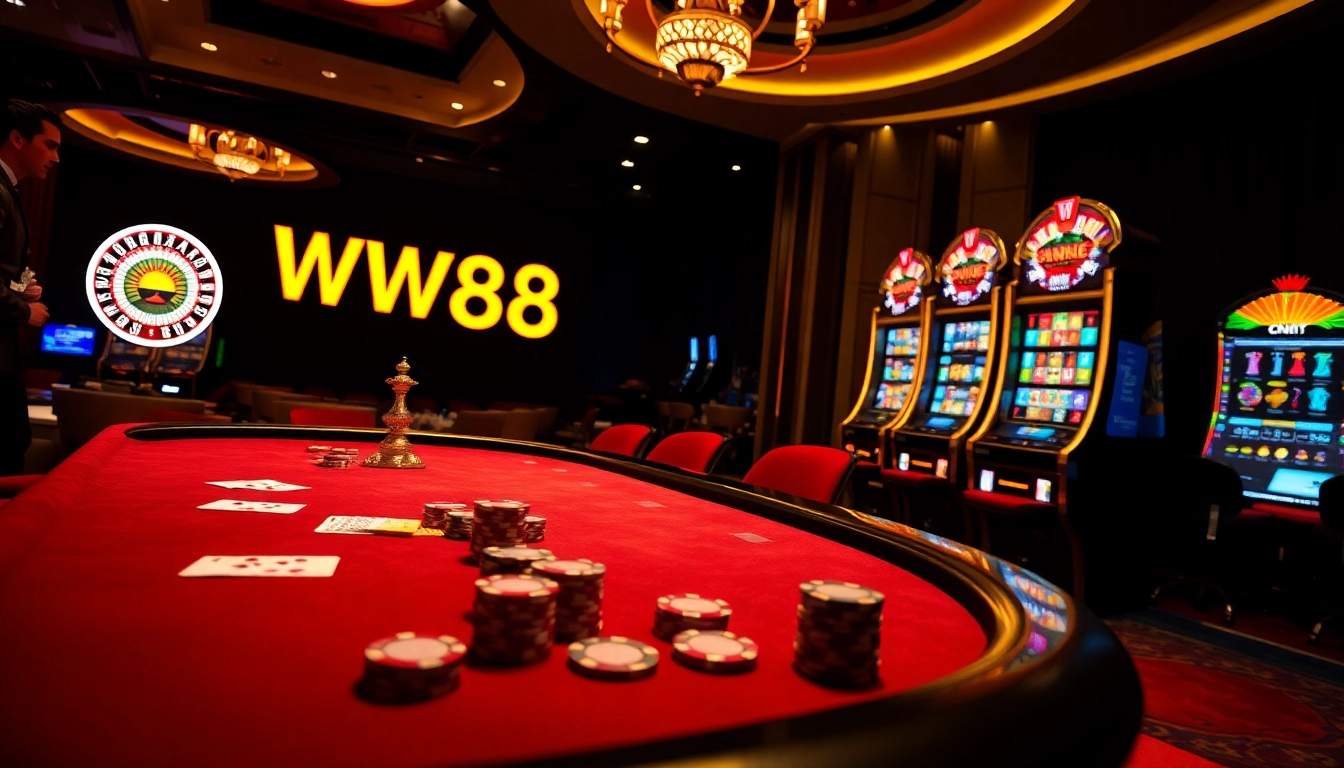 Experience the thrill of WW88 at a vibrant casino scene full of poker chips and roulette wheels.