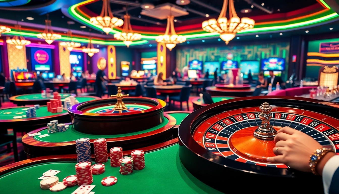 MM88 casino scene showcasing vibrant tables, poker chips, and roulette excitement.