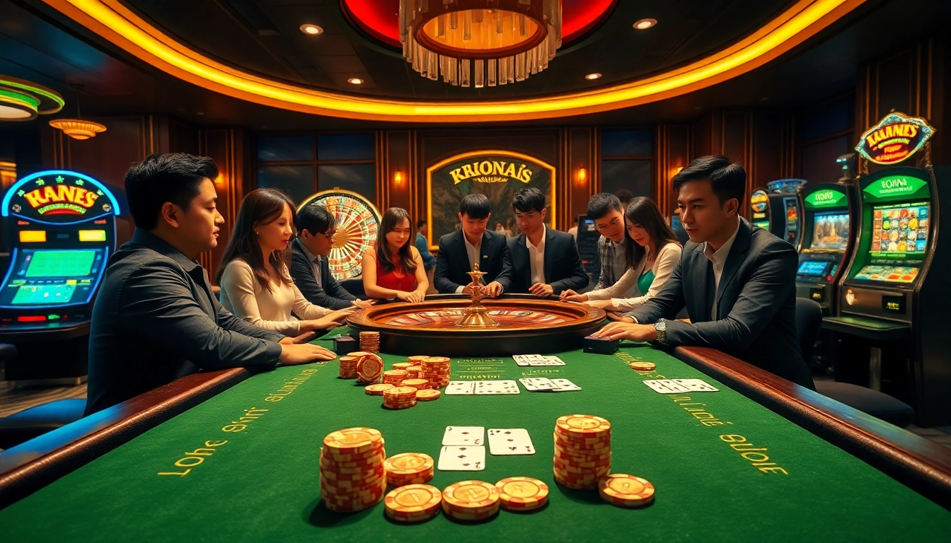 Exciting casino scene featuring Nhà cái Kuwin with vibrant games, professional players, and luxurious atmosphere.