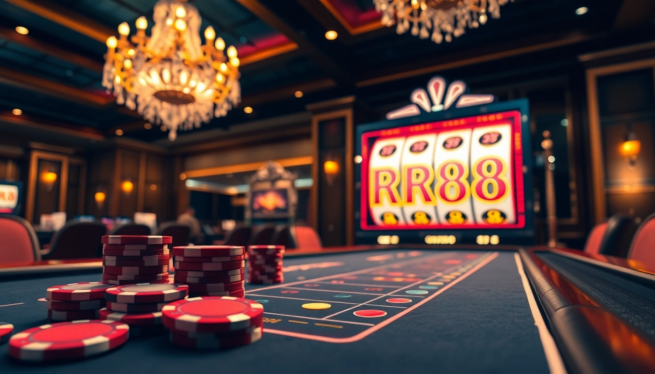 RR88 casino scene showcasing luxury gambling tables and exciting slot machines.