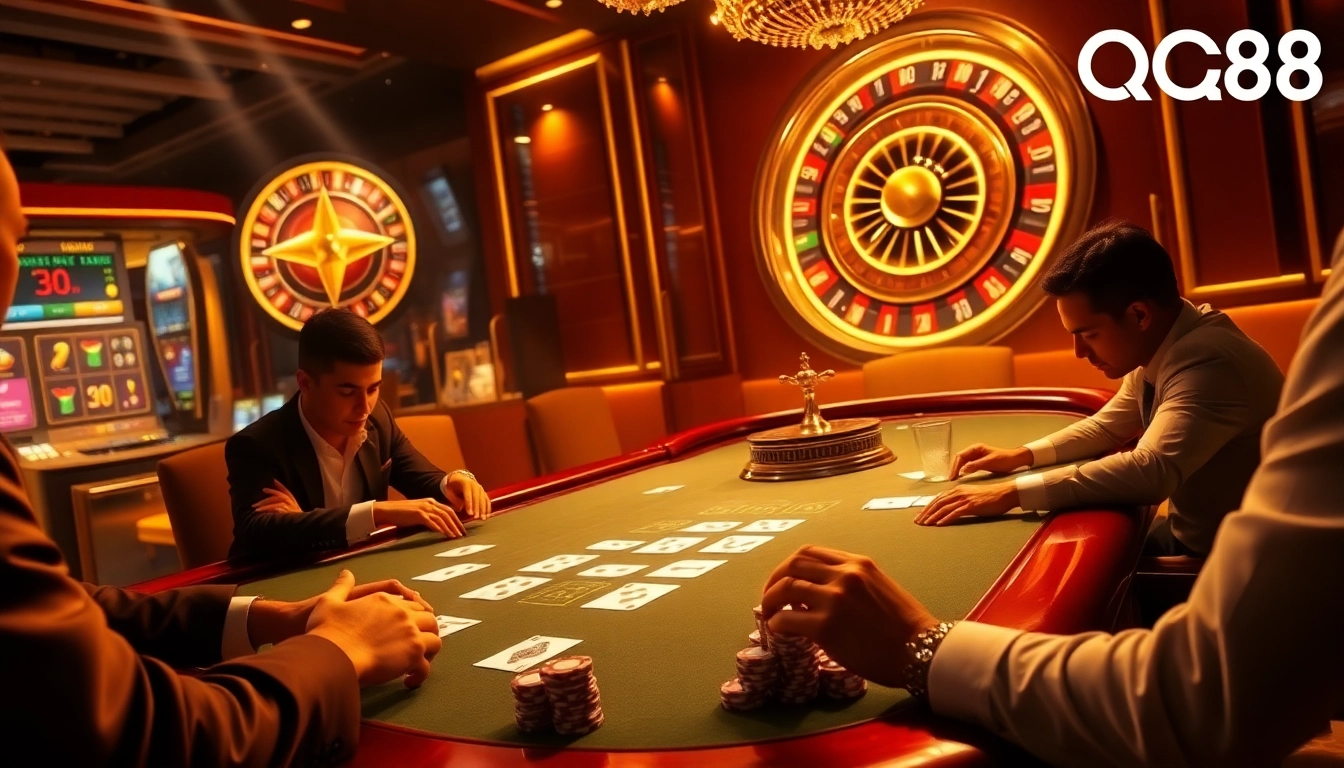 Engage in thrilling gameplay with QQ88, featuring professional casino tables, roulette wheels, and vibrant betting action.