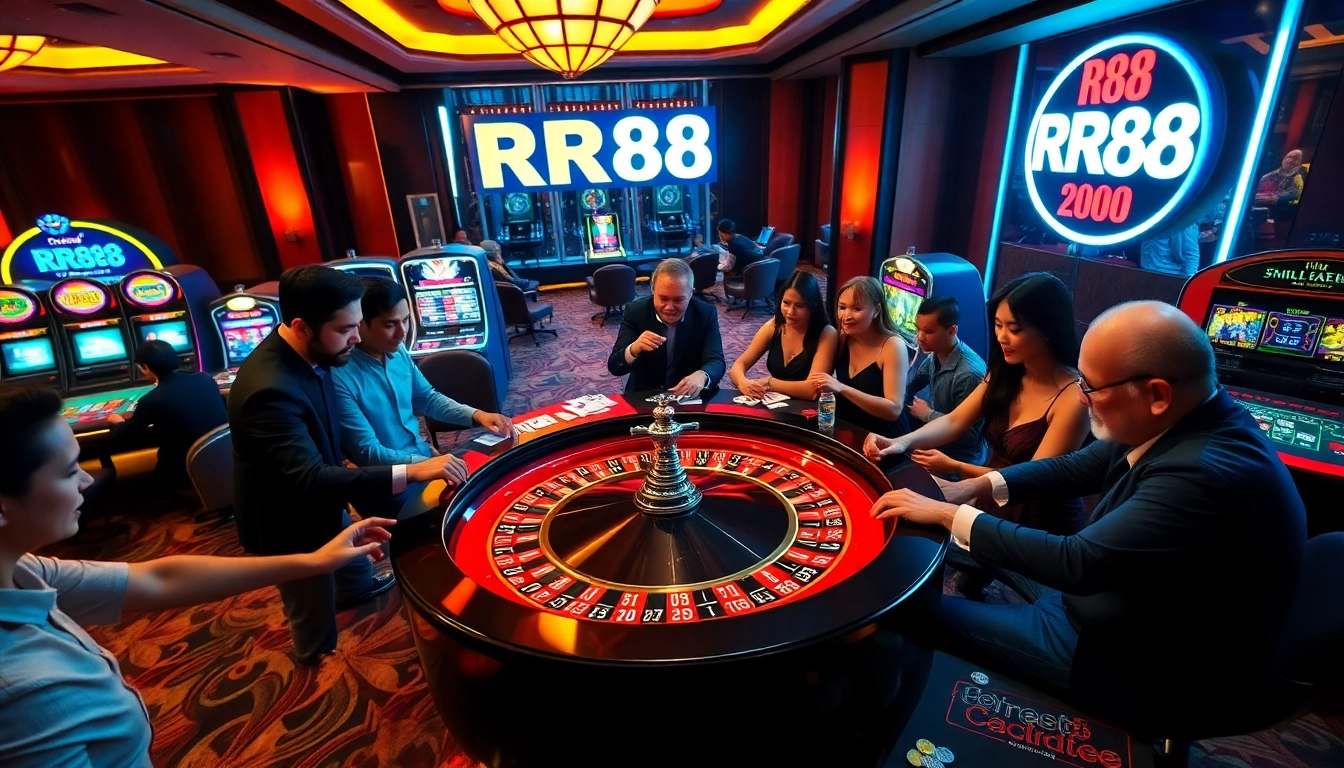Players enjoying an exciting roulette game at RR88, surrounded by vibrant casino elements.