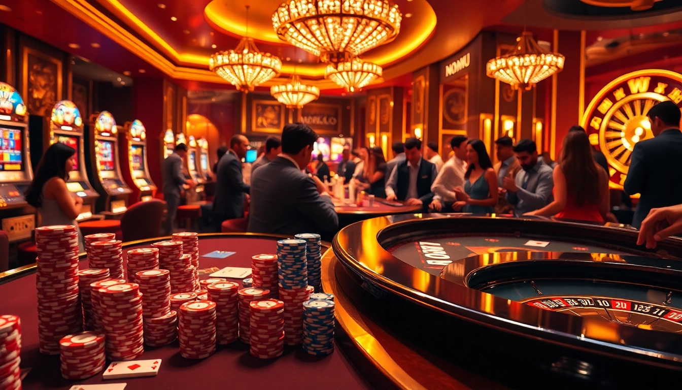 NOHU casino scene with players excitedly engaging at poker tables and slot machines.