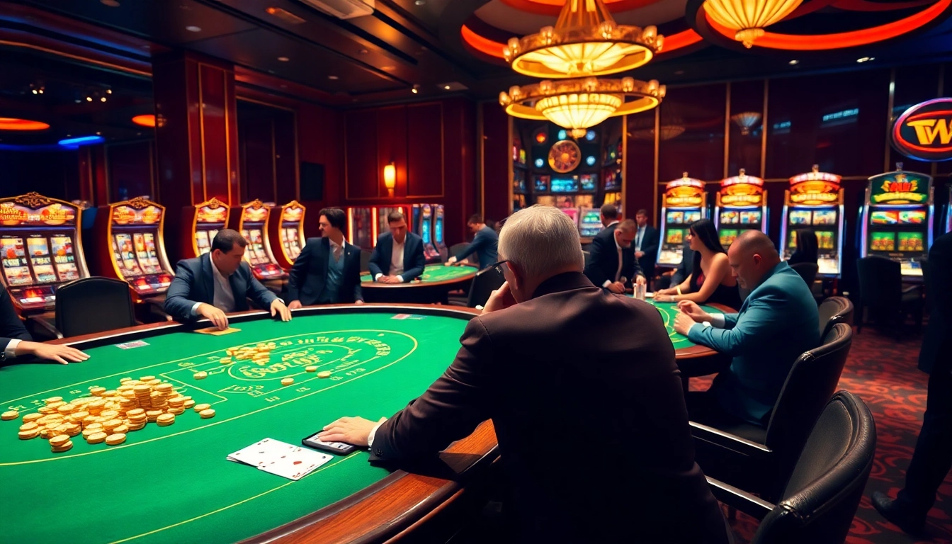 Players at https://www.vaoluoitv.com/ enjoying high-stakes poker amidst dazzling casino ambiance.