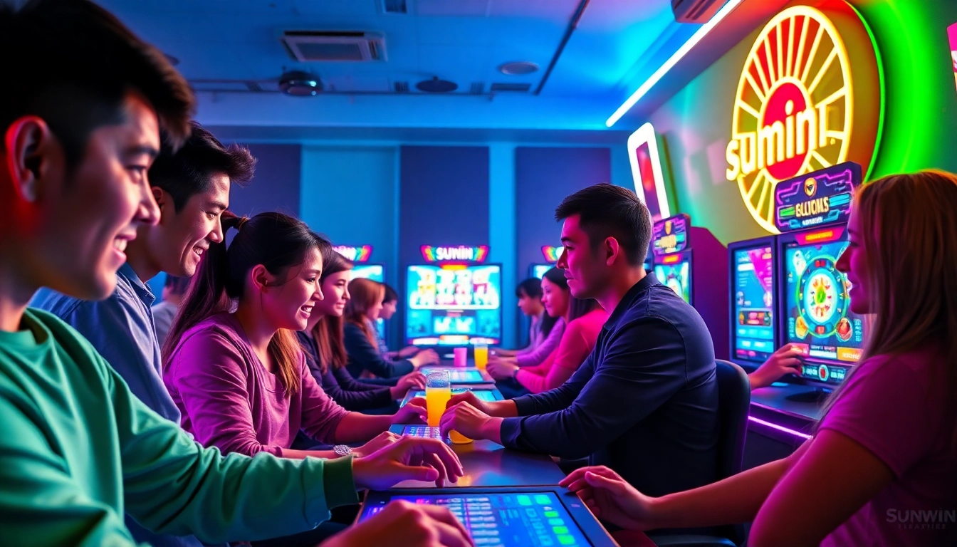 Exciting Sunwin online gaming scene featuring diverse players in action, highlighting card games, sports betting, and vibrant animations.