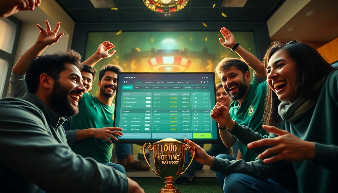 Exciting trang cá cược bóng đá scene with happy bettors and a digital platform interface.