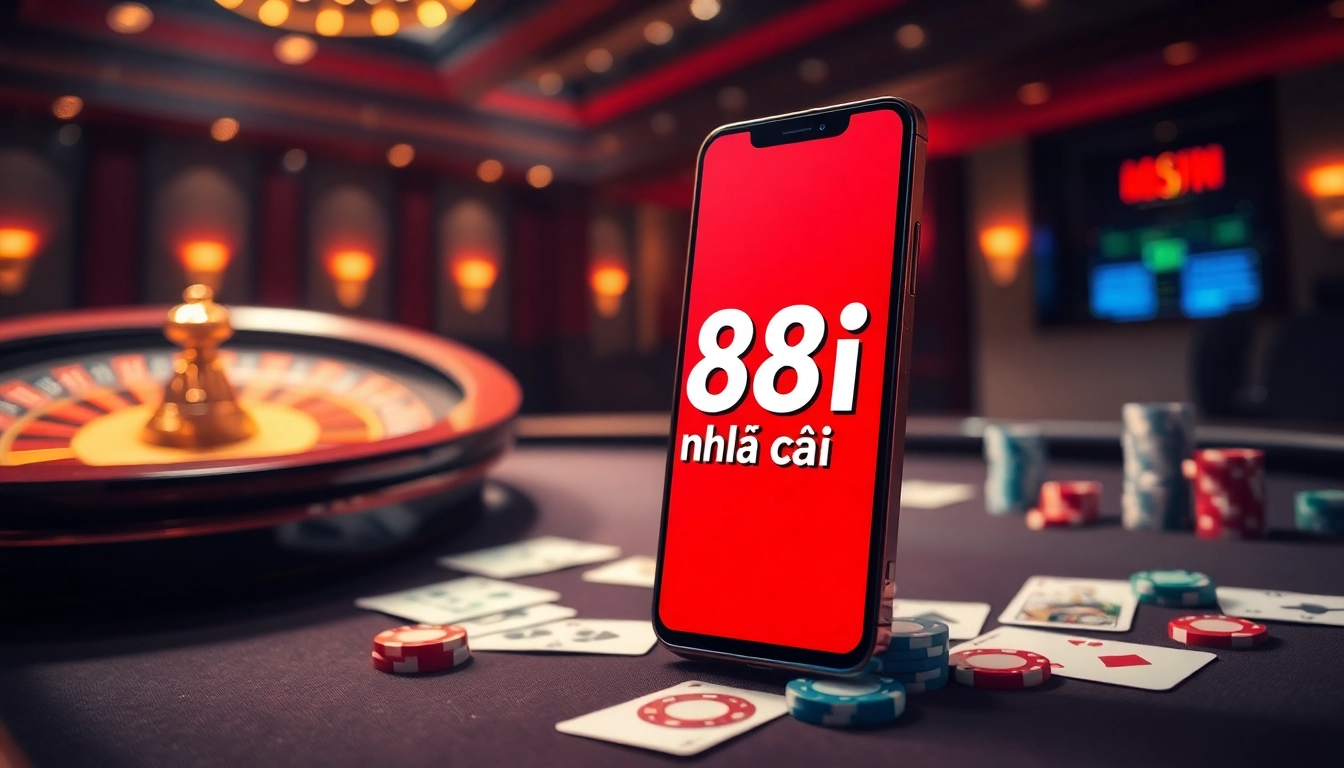 Engaging scene of online gambling at 88i nhà cái, showcasing poker and roulette tables with vibrant betting action.