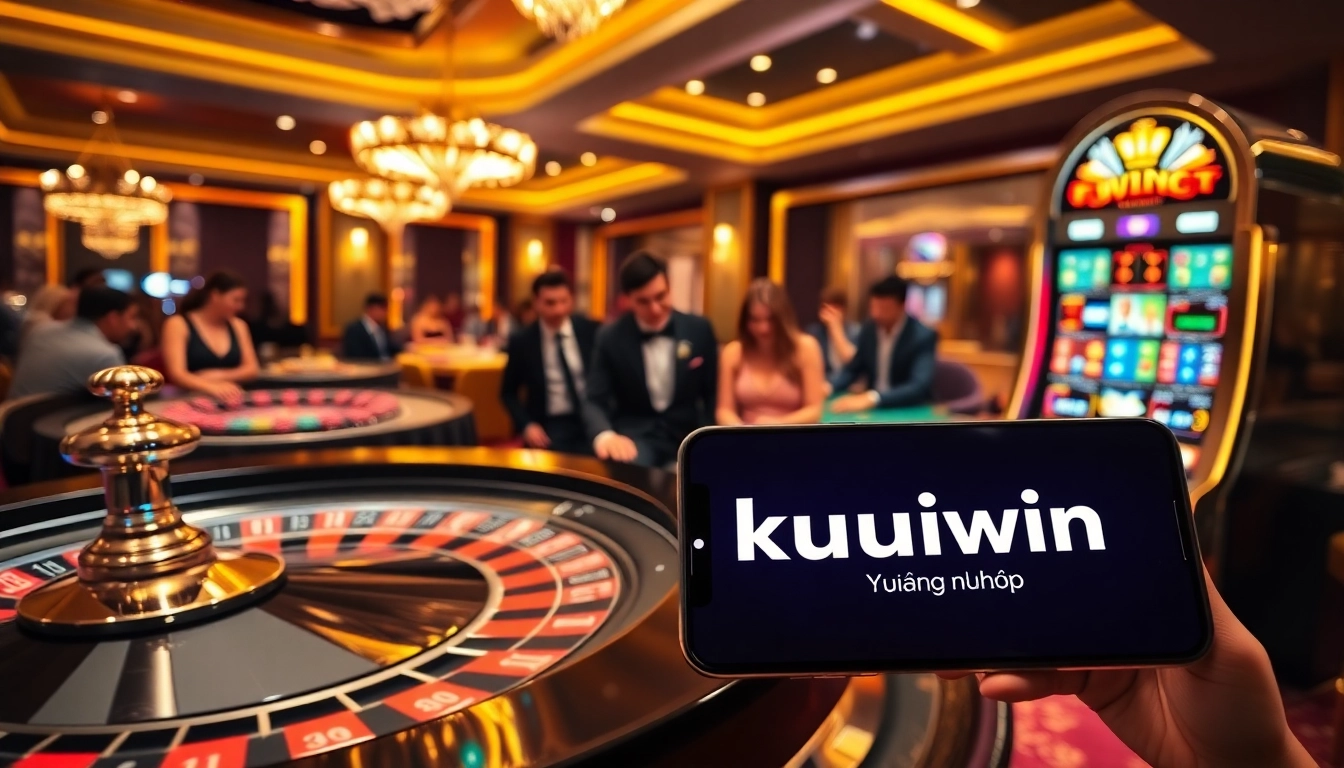 Kuwin đăng nhập on a mobile device within a luxurious casino environment featuring roulette, poker, and slot games.